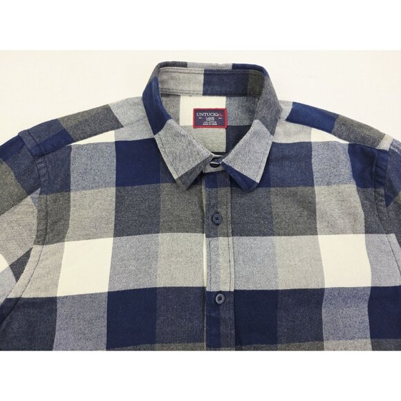 Untuckit Slim Fit Size Large Men Blue White Gray Check Flannel Long Sleeve Shirt - Picture 9 of 9